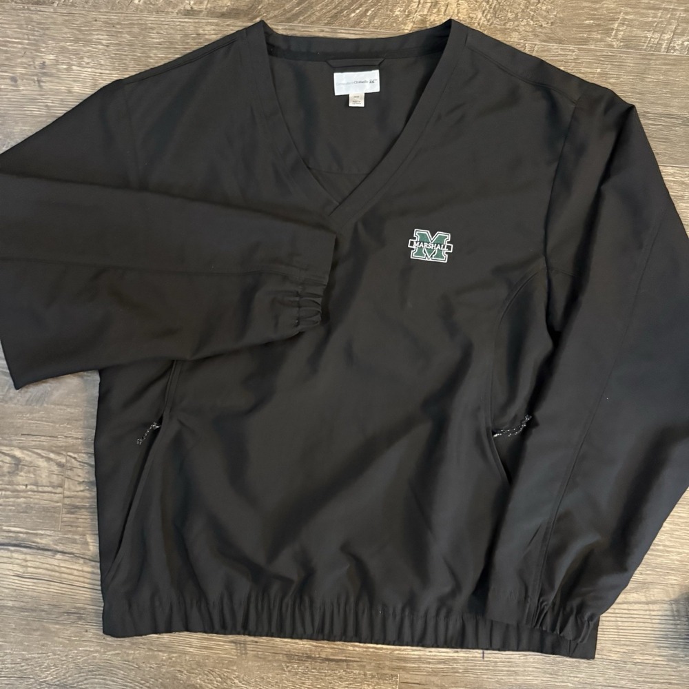 Marshall University Cutter &‎ Buck Black Windbreaker Zip Pockets Logo V Neck M